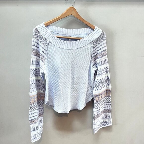 Free People Off-Shoulder Pale Blue Knit Sweater with Patterned‎ sleeves- XS - Picture 1 of 6